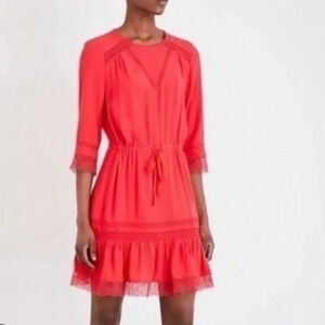 Maje Size S Red 3/4 Sleeves Lace Trimmed Crepe Dress